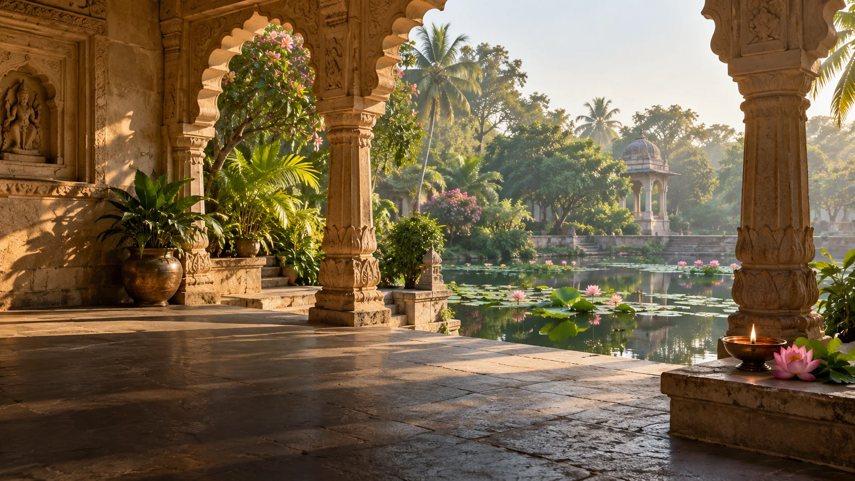 Sunlit carved temple veranda overlooking a lotus pond, with a brass lamp and pink lotus