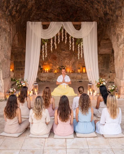 Retreat participants seated before a ceremonial altar