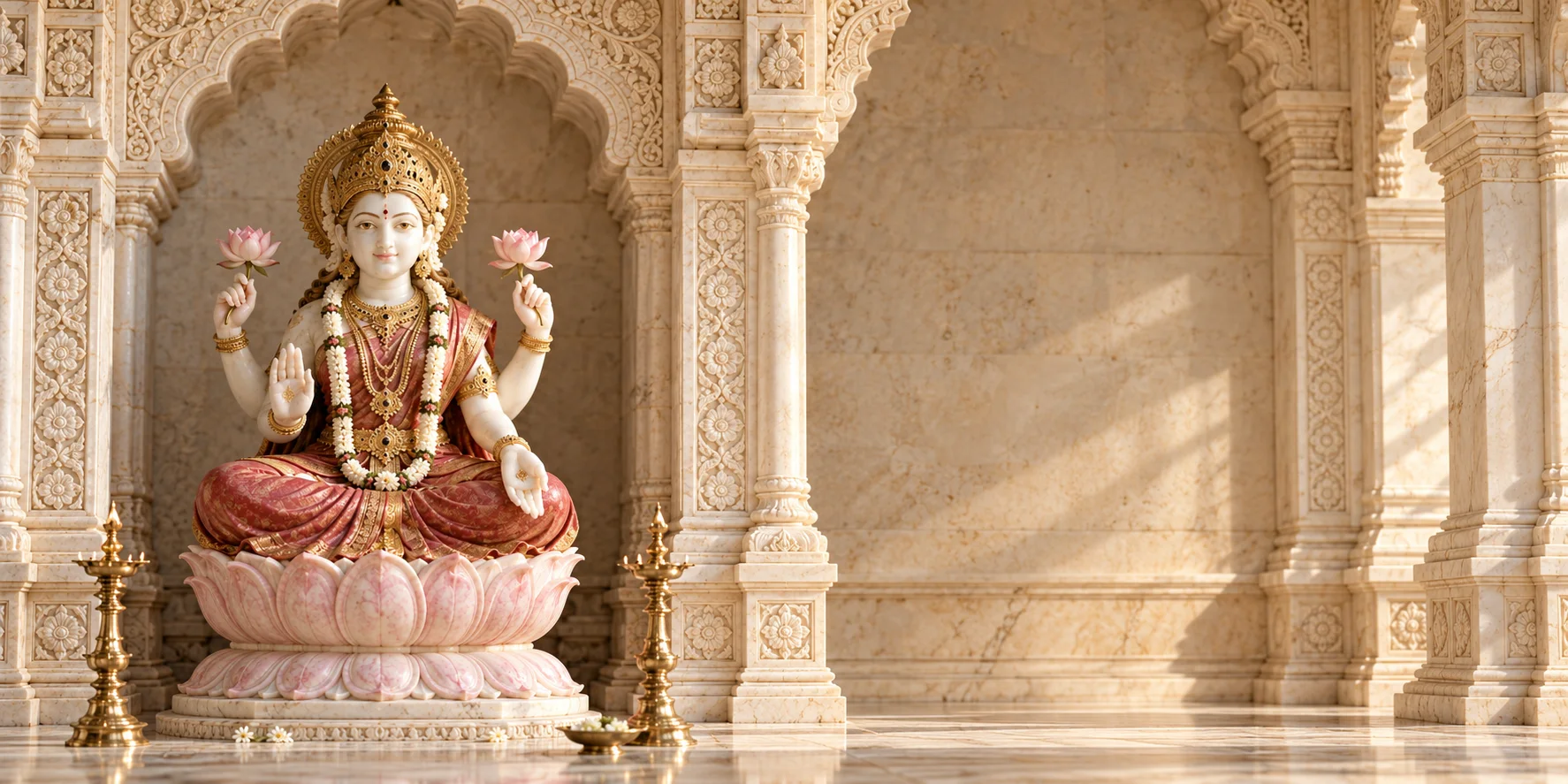 Lakshmi on a lotus beneath carved sandstone temple arches