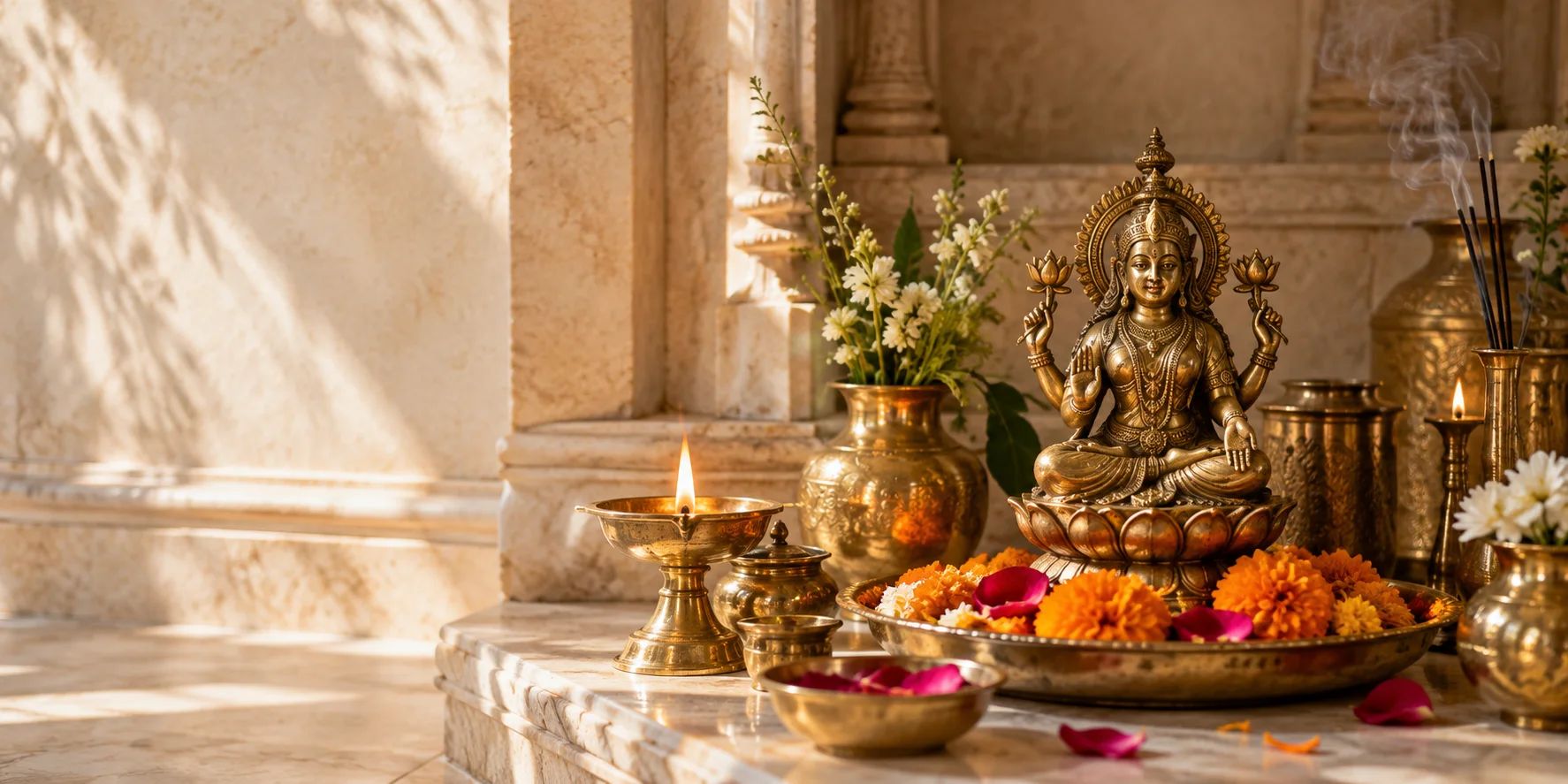 Brass Lakshmi statue with oil lamps and fresh flowers on a sunlit puja altar